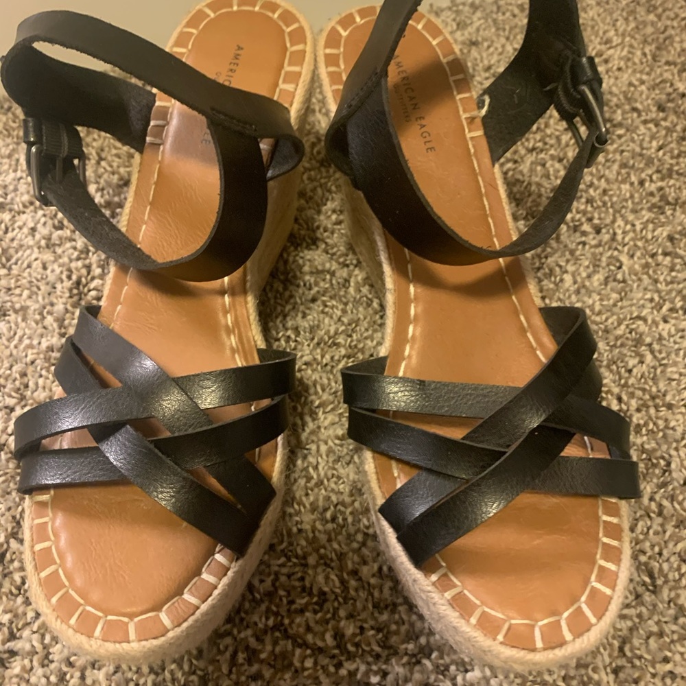 AMERICAN EAGLE Black Strappy Wedge Sandals